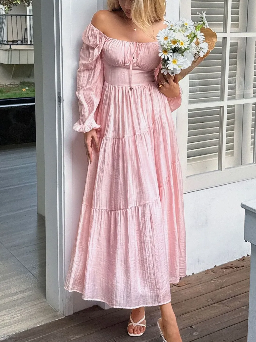 Tiered Balloon Sleeve Midi Dress, image 2