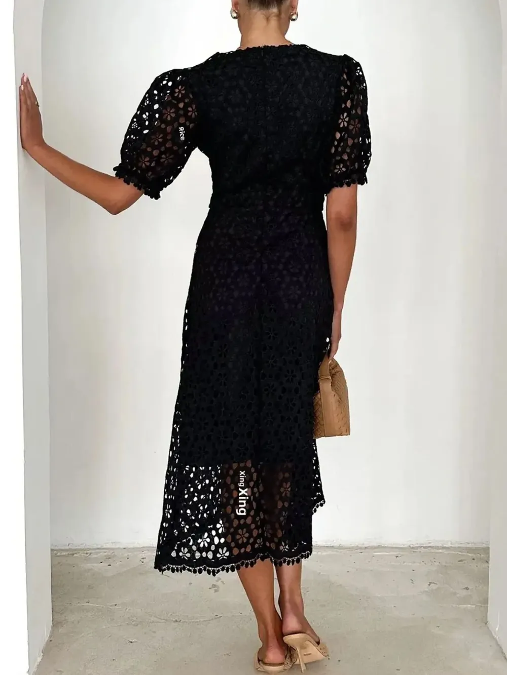 Eyelet Lace V-Neck Midi Dress with Puff Sleeves, image 20
