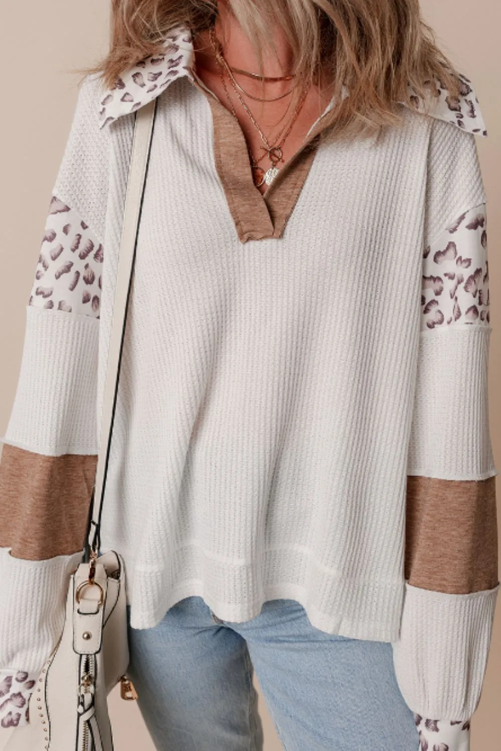 Waffle-Knit Leopard Johnny Collar Long Sleeve Top, image 3