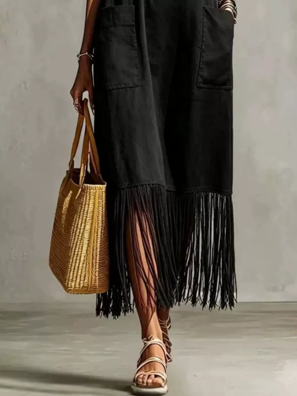 Full Size Fringe Spaghetti Strap V-Neck Dress Plus Size, image 4