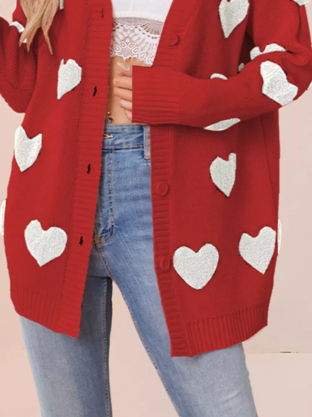 Heart Pattern Knit Button-Up Cardigan, image 9