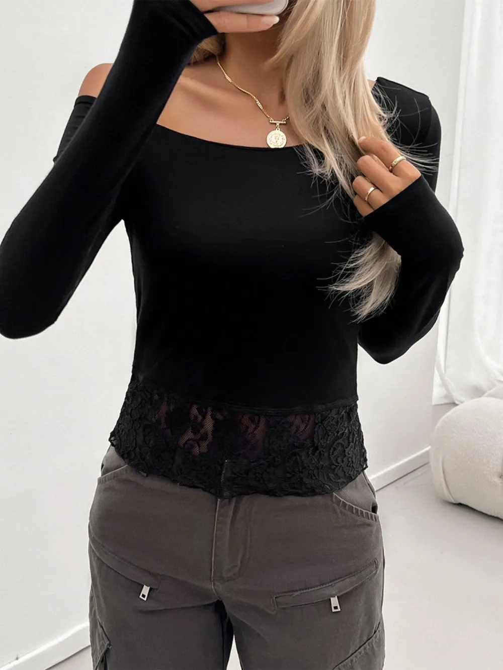 Single Shoulder Long Sleeve Lace T-Shirt, image 13