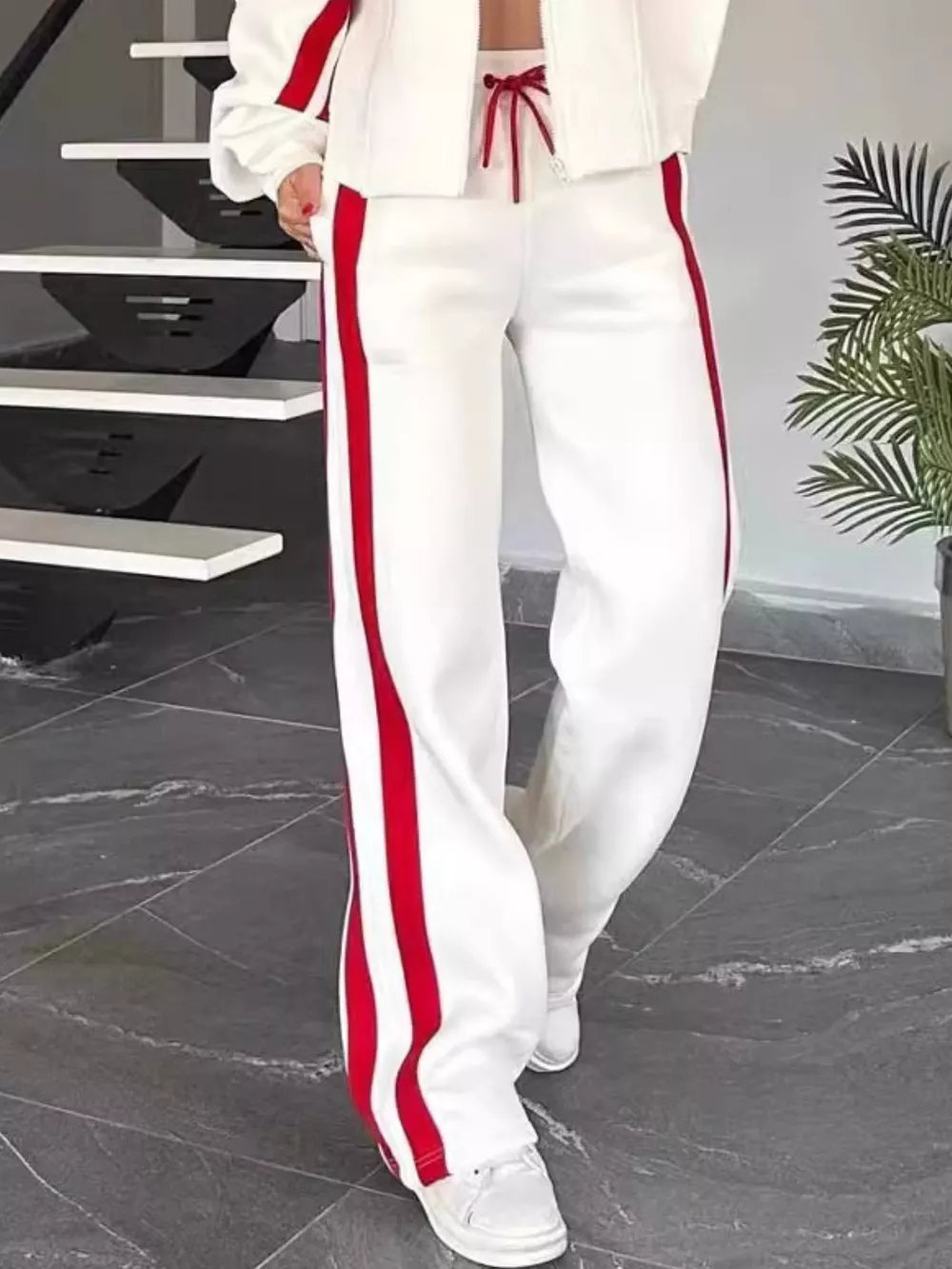 Full Size Contrast Stripe Zip Up Jacket and Pants Set Plus Size, image 7
