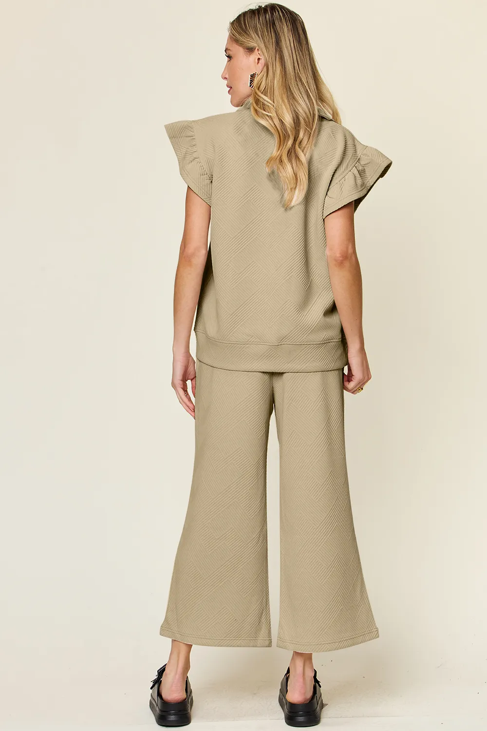 Texture Ruffle Short Sleeve Top and Drawstring Wide Leg Pants Set, image 27