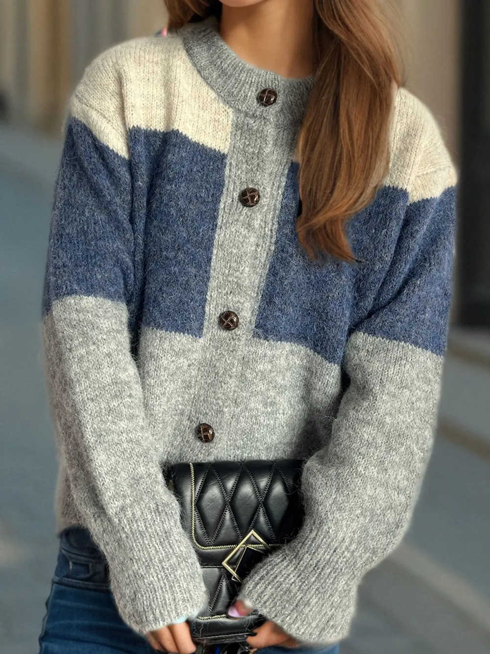 Color Block Round Neck Button Up Cardigan, image 2