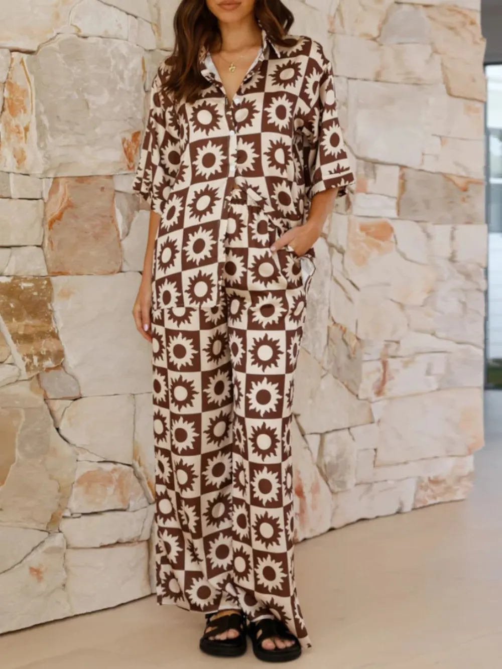 Printed Collared Neck Top and Pants Set, image 3