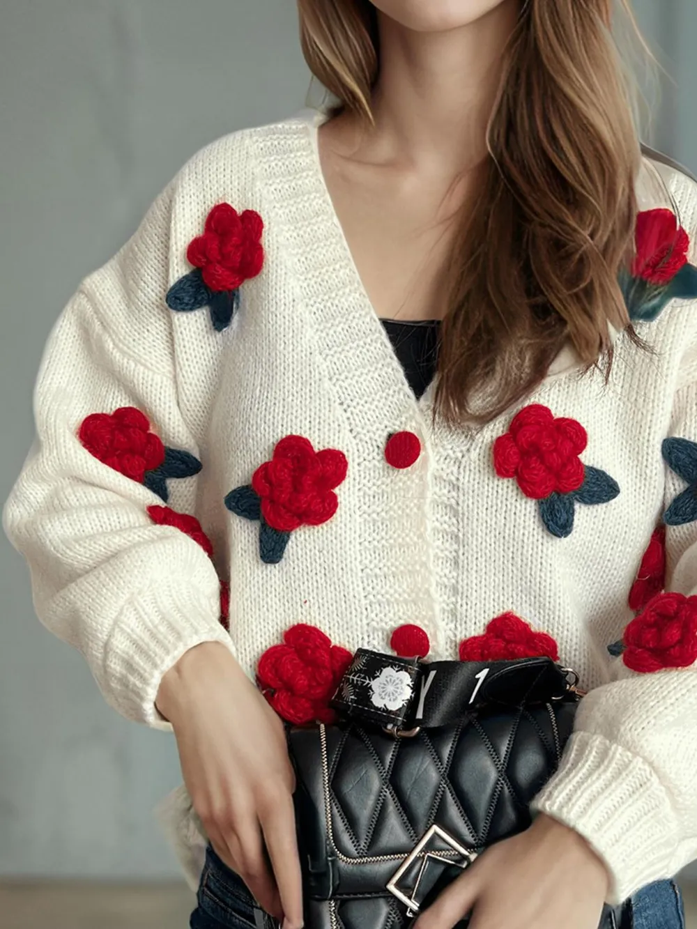 Flower Button Down V-Neck Long Sleeve Cardigan, image 7