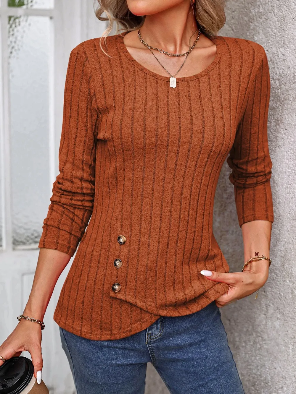 Decorative Button Round Neck Long Sleeve T-Shirt, image 18