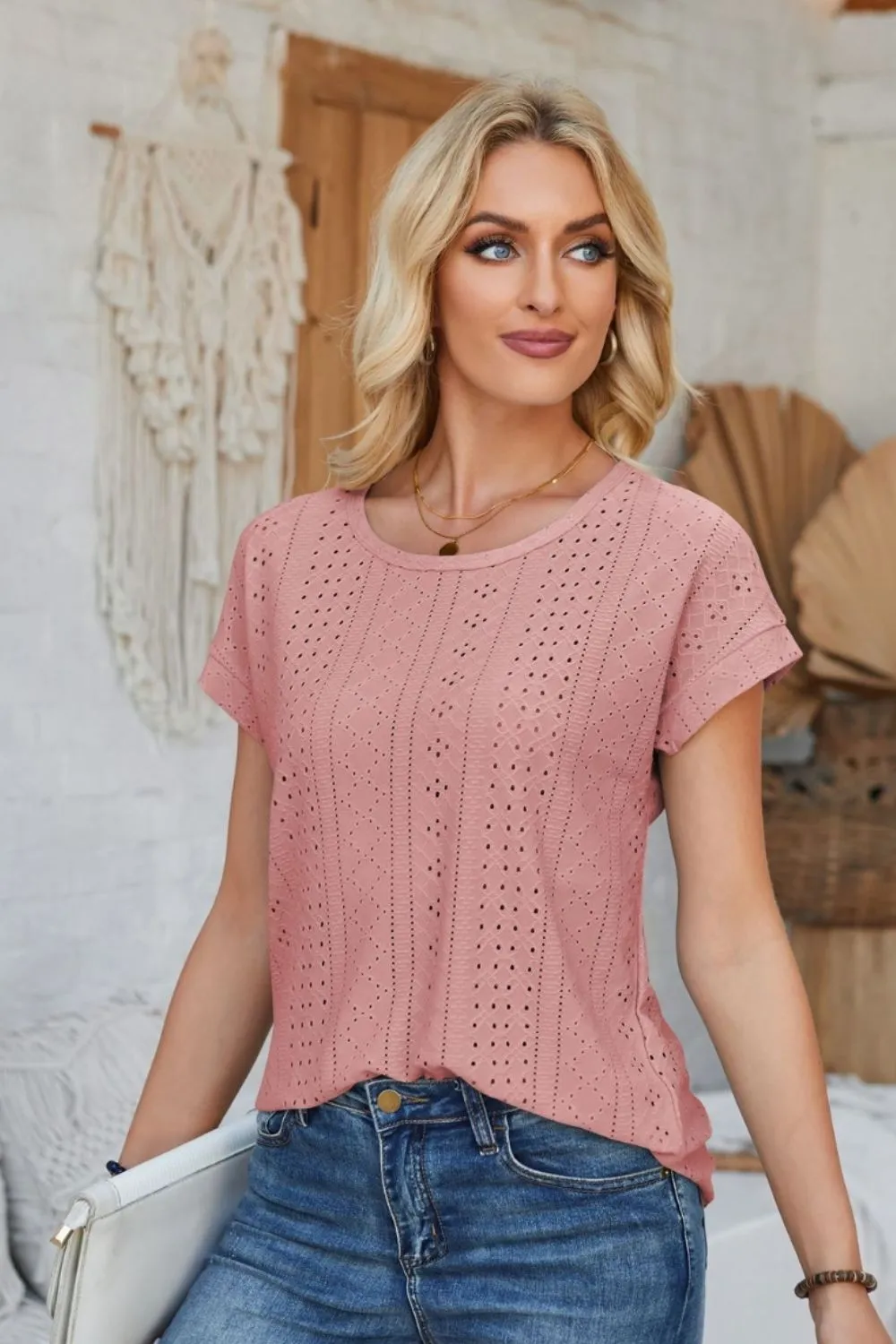 Eyelet Round Neck Rolled Short Sleeve T-Shirt, image 32