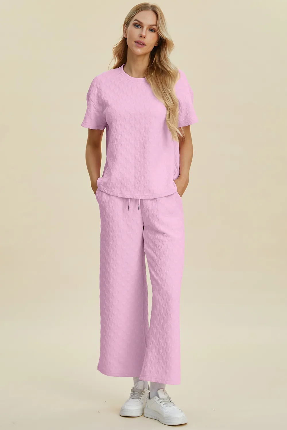 Full Size Texture Round Neck Short Sleeve Top and Pants Set, image 9