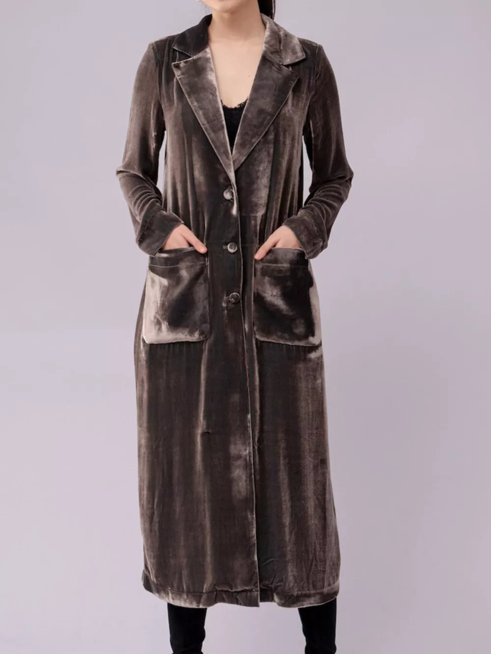 Velvet Lapel Collar Longline Coat, image 5