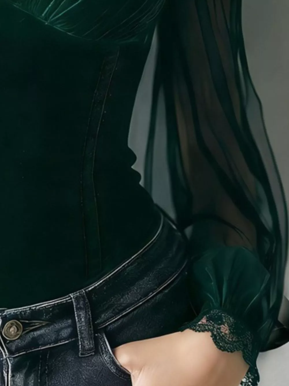 Lace Trim Velvet Sheer Sleeve Blouse, image 11
