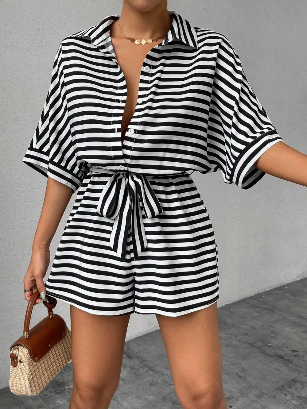 Tie Waist Half Button Striped Romper, image 18