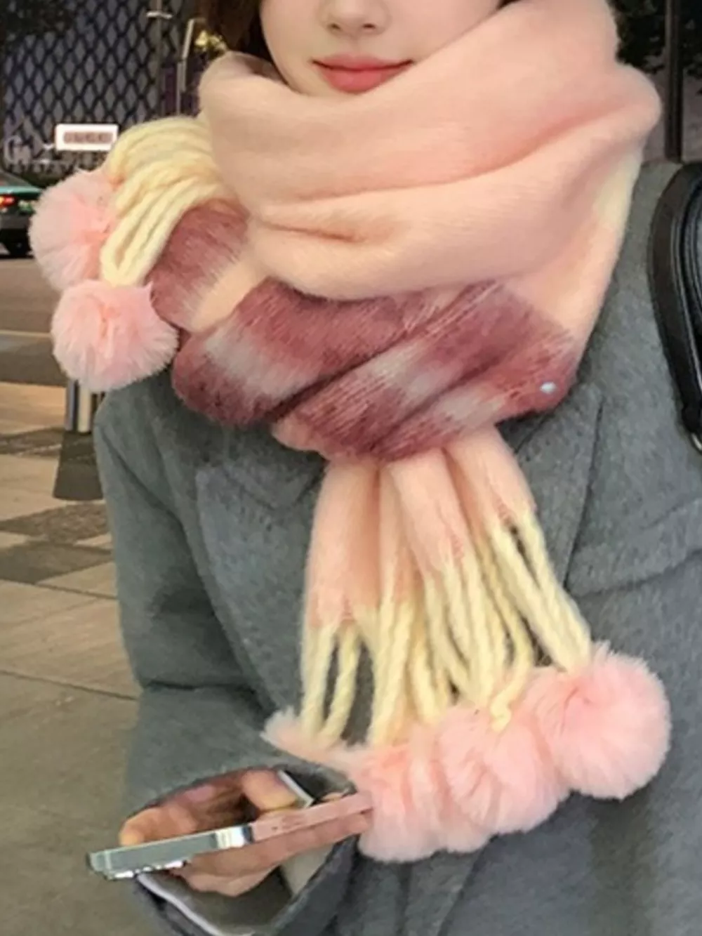 Striped Scarf with Pom-Poms, image 6