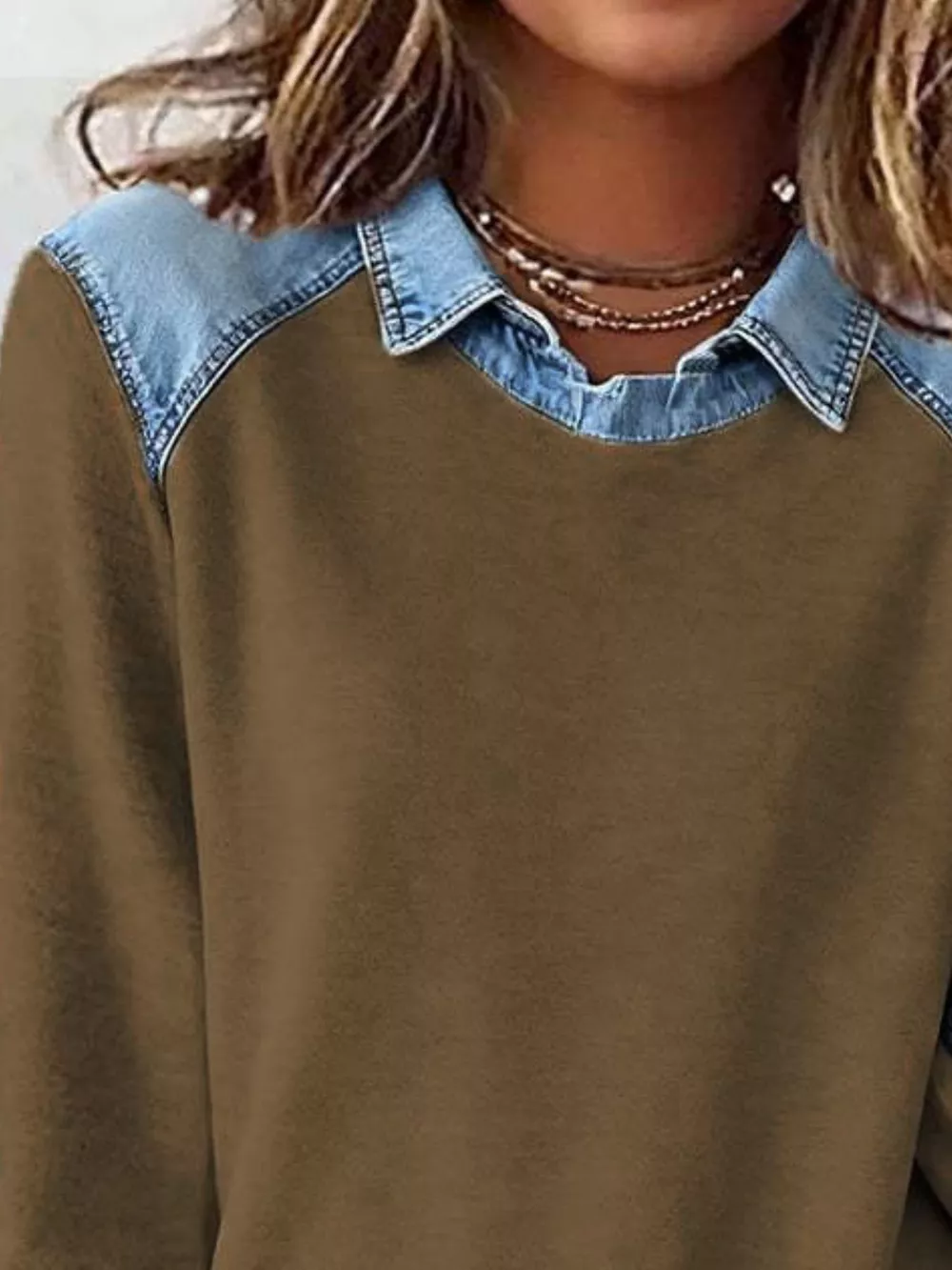 Full Size Denim Trim Long Sleeve Top Plus Size, image 7