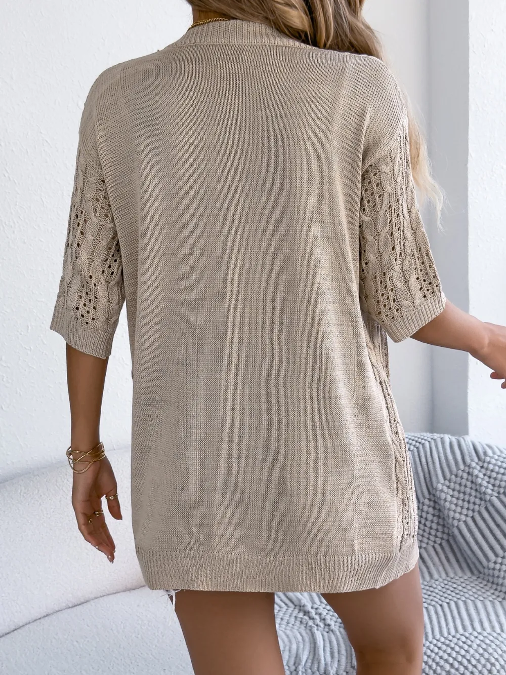 Openwork Open Front Half Sleeve Cardigan, image 9