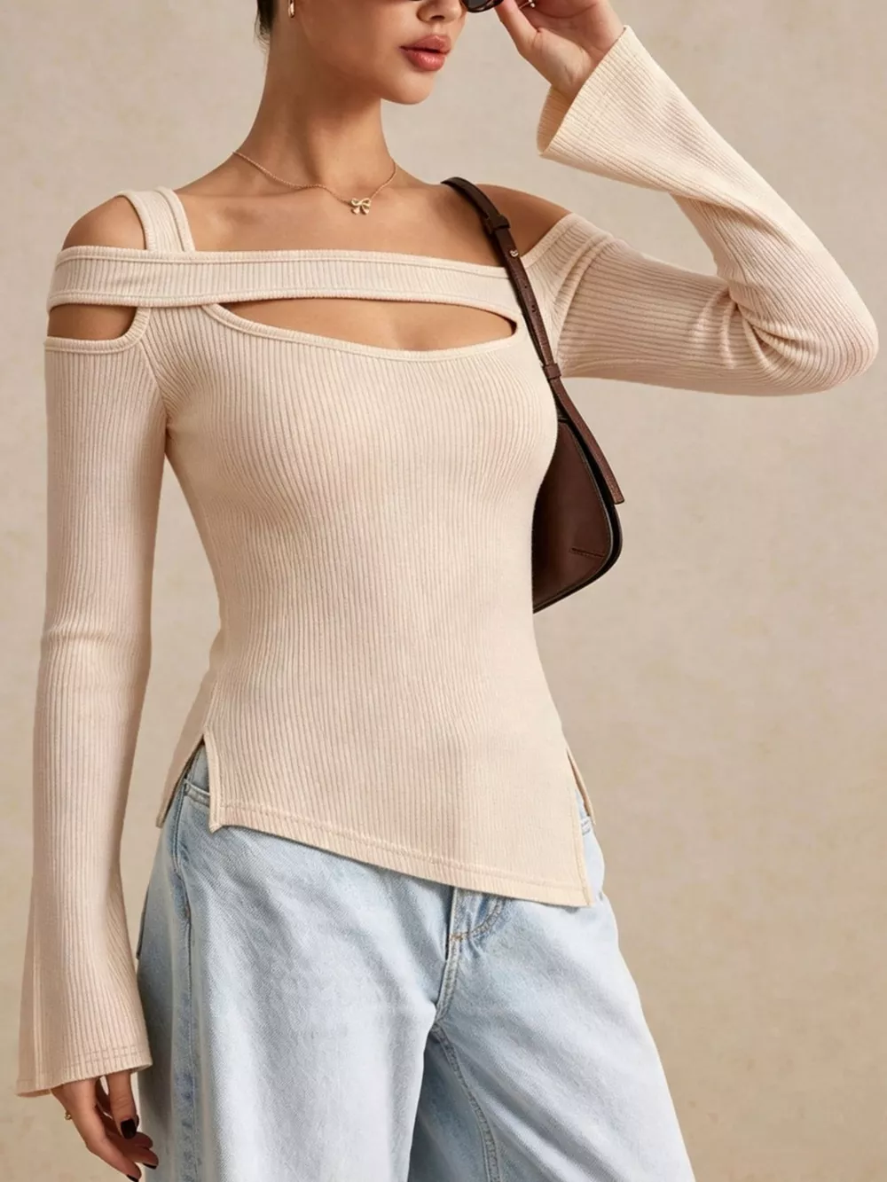 Side Slit Cutout Ribbed Long Sleeve T-Shirt, image 2