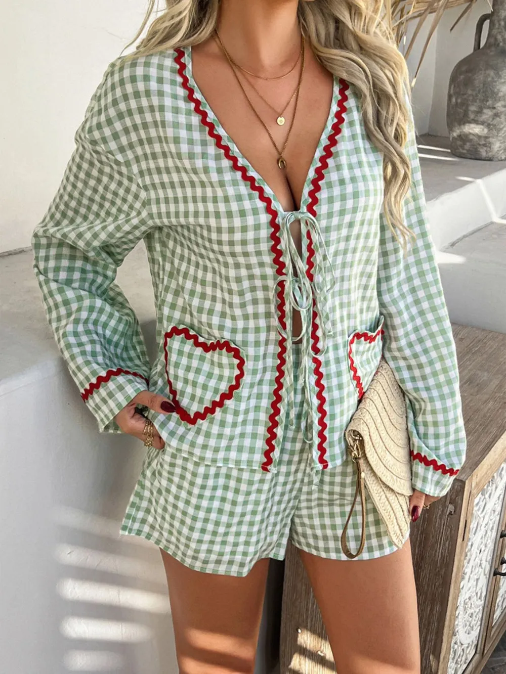 Tie Front Contrast Plaid Shirt and Shorts Set