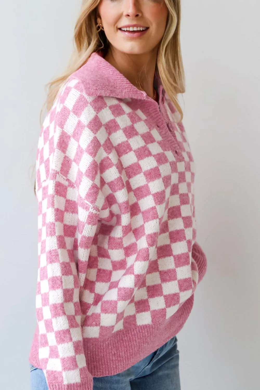 Checkered Collared Neck Long Sleeve Sweater, image 15