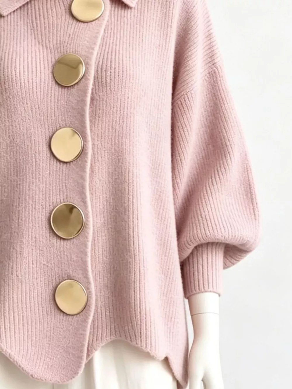 Full Size Collared Wavy Hem Knit Cardigan with Metal Button Plus Size, image 9