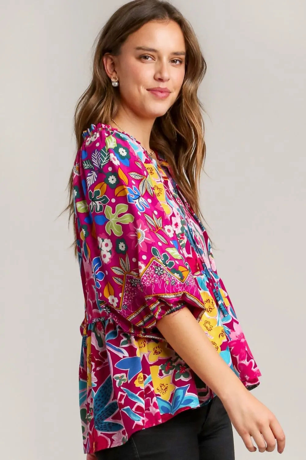 Full Size Floral Print Tie Neck Peplum Blouse Plus Size, image 2