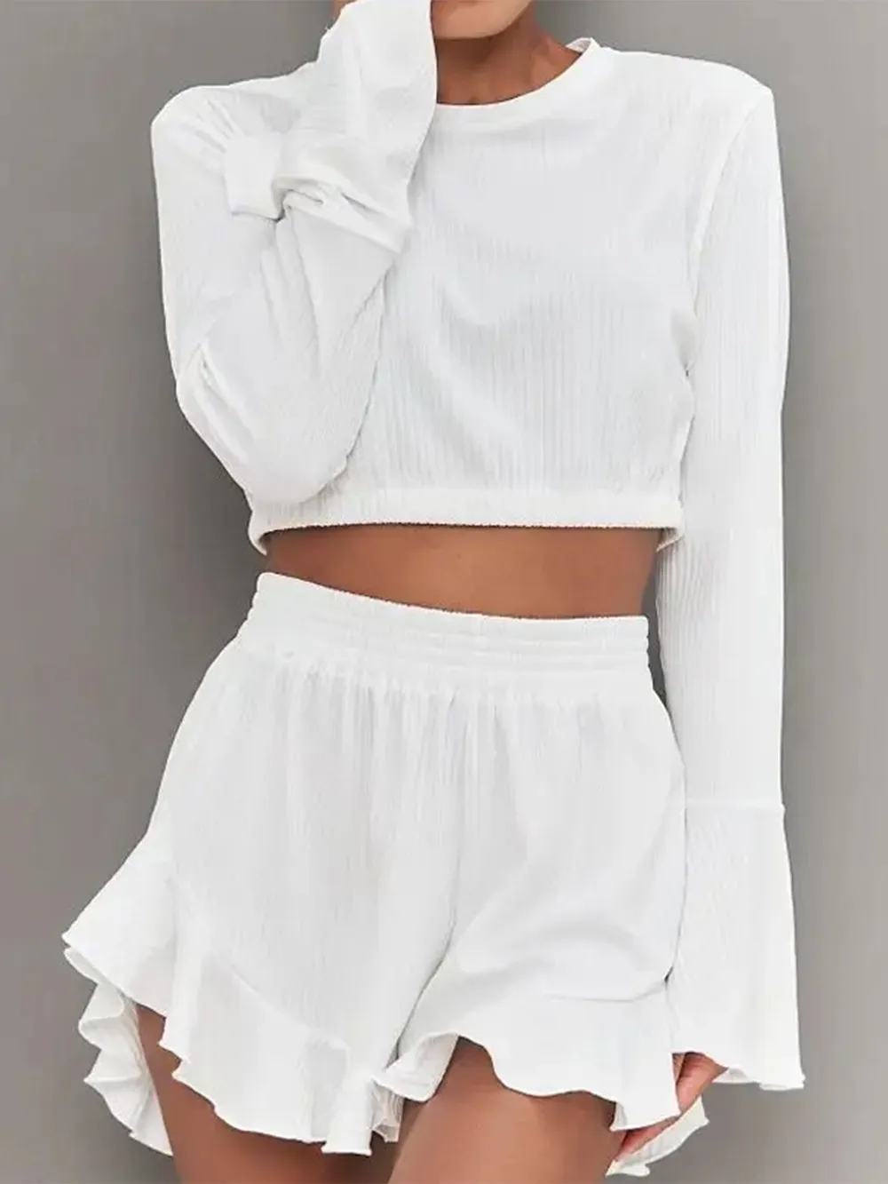 Round Neck Long Sleeve Top and Ruffled Shorts Set, image 5