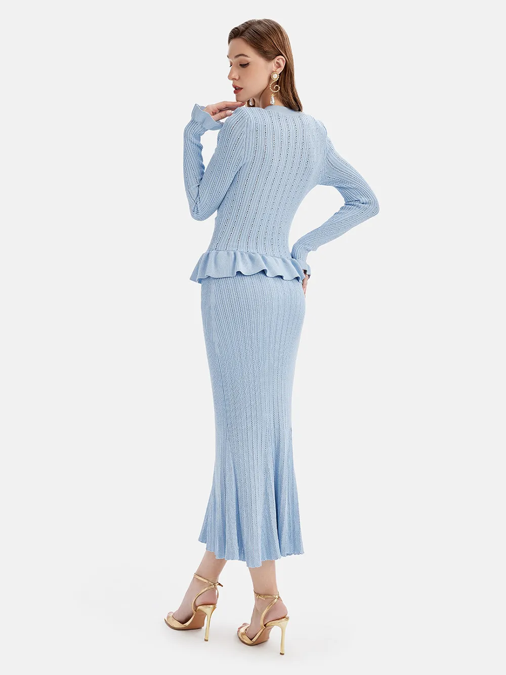 Ruffled V-Neck Top and Midi Skirt Sweater Set, image 8