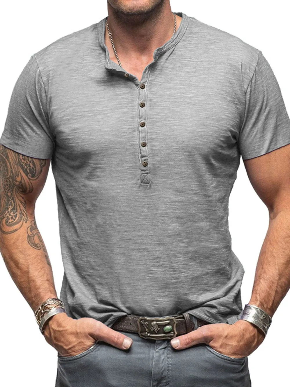 Men's Casual Henley Short Sleeve Button Top, image 9