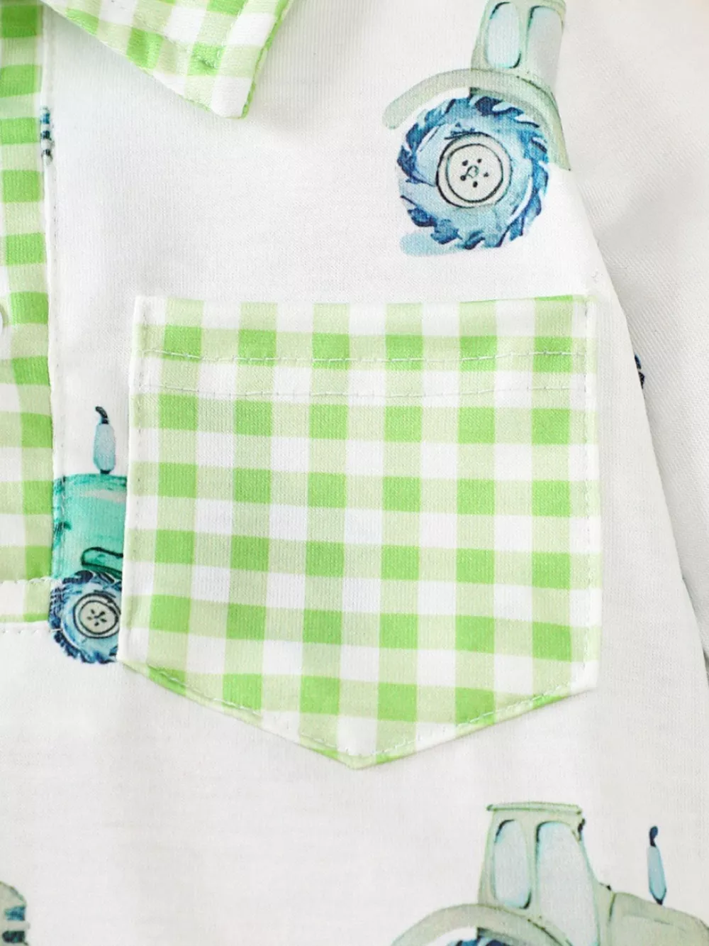 Children's Tractor Print Gingham Trim Baby One-Piece, image 3