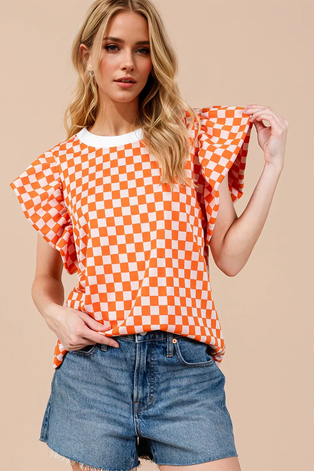 Checkered Round Neck Puff Sleeve Blouse, image 3