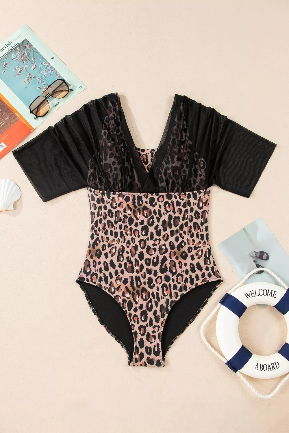 Mesh Patchwork V Neck Half Sleeve Bodycon One Piece Swimwear, image 9