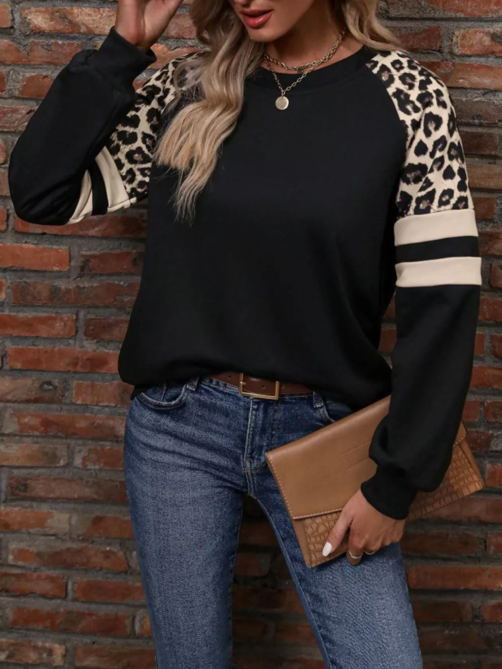 Leopard Raglan Sleeve Striped Sweatshirt, image 25