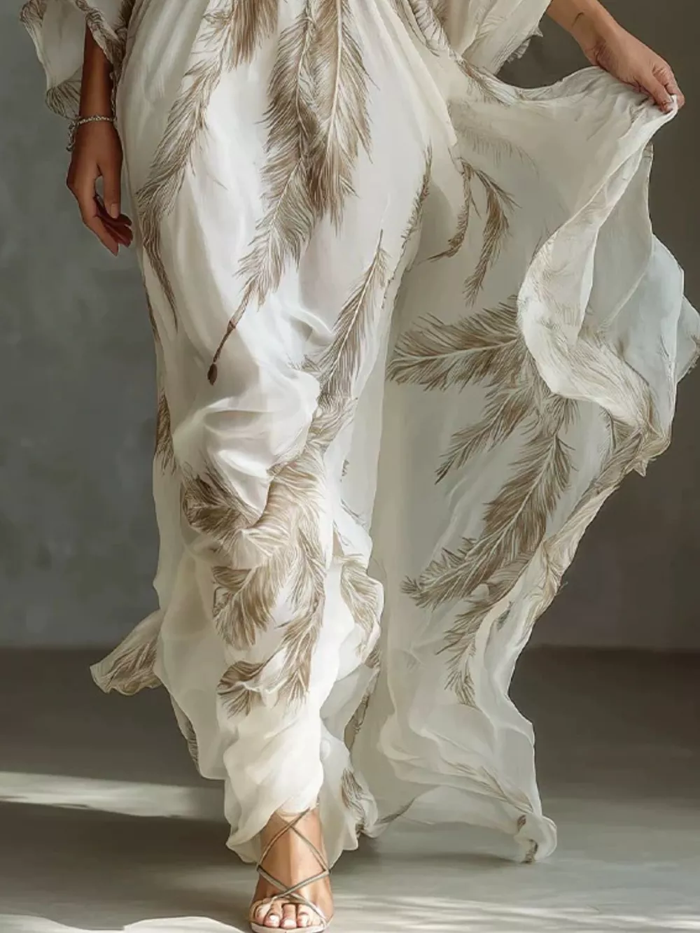 Full Size Feather Print V-Neck Flowy Maxi Dress Plus Size, image 3