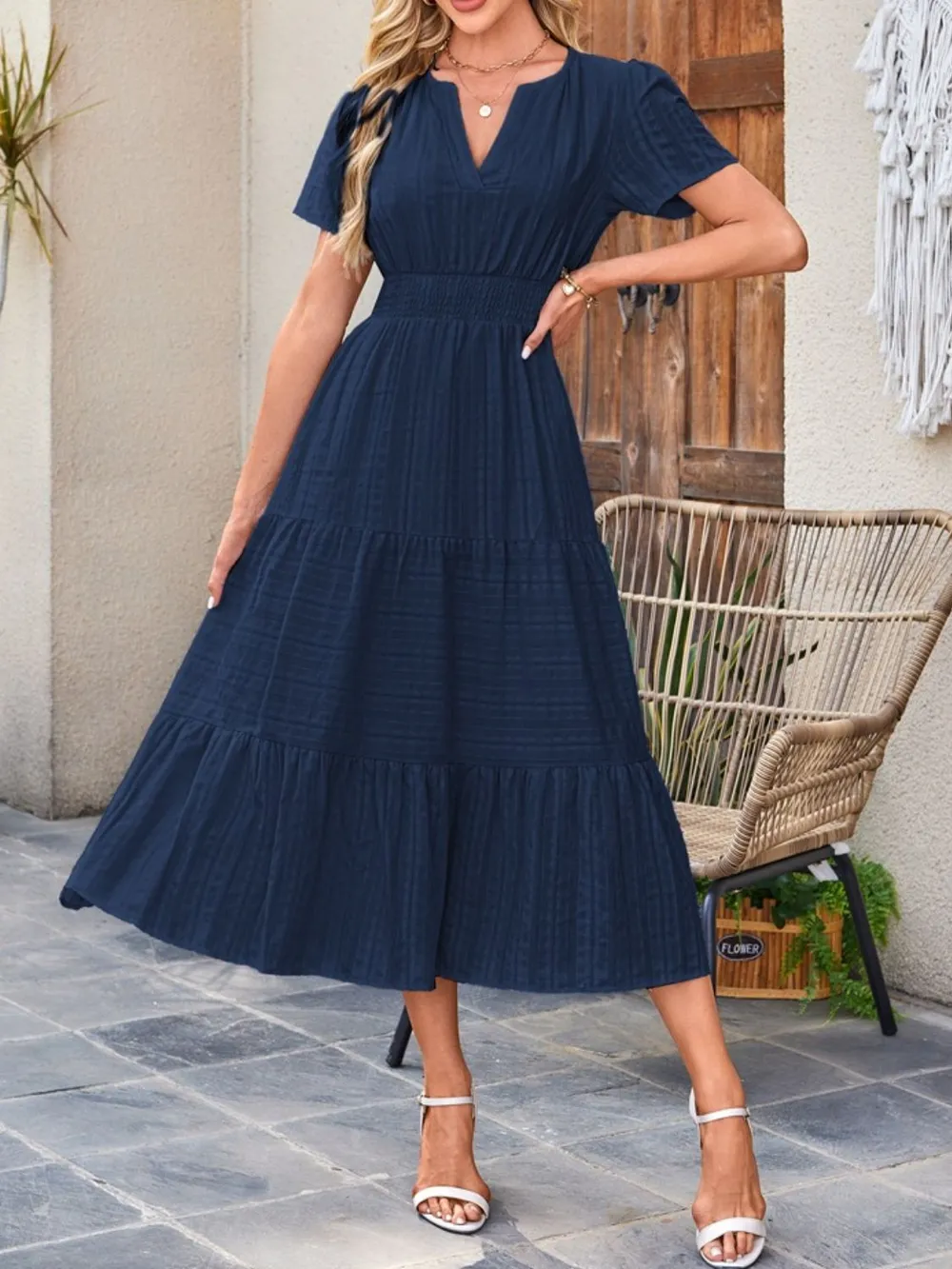 Tiered Notched Short Sleeve Dress, image 17