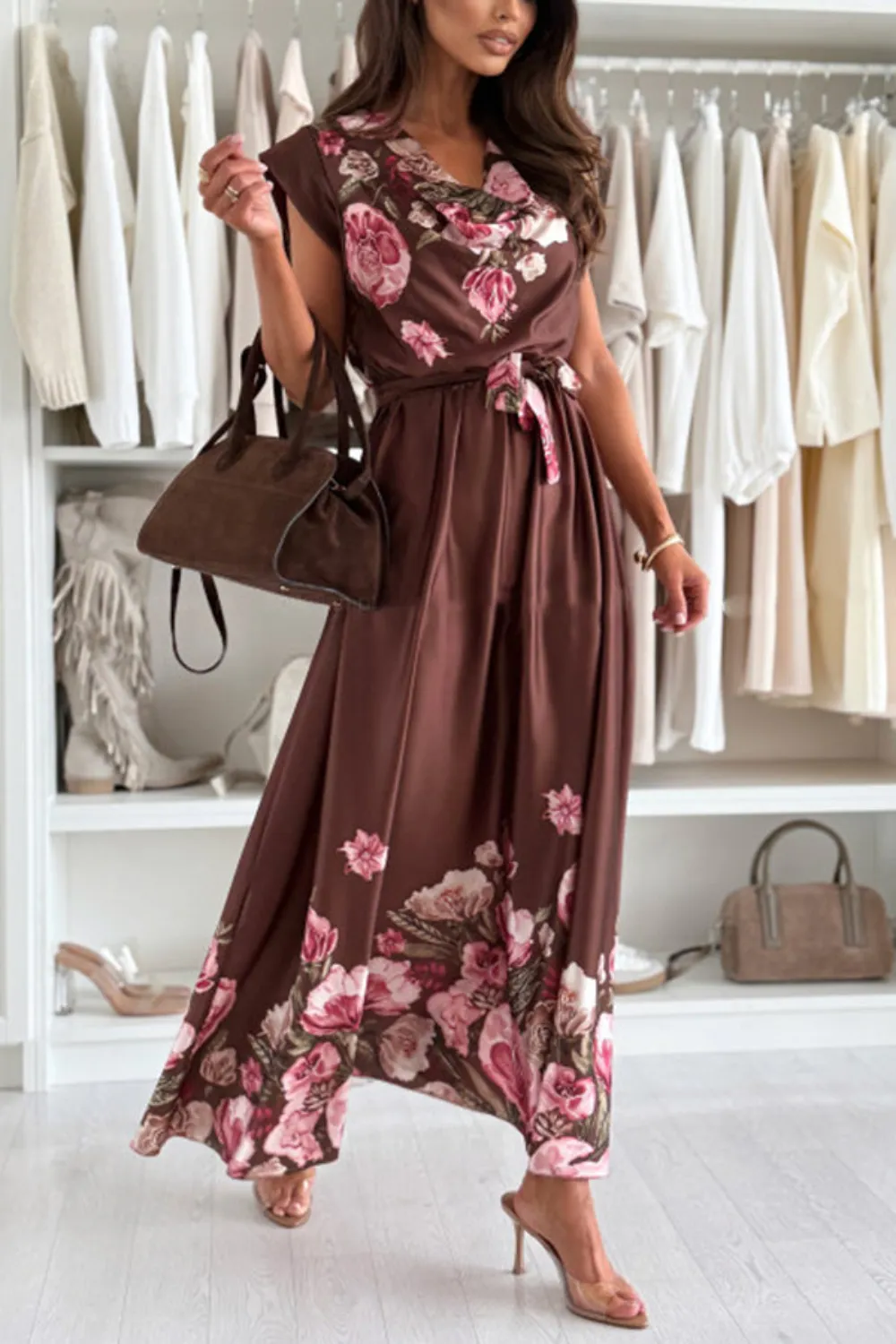 Floral Print Cap Sleeve Dress with Belt, image 7