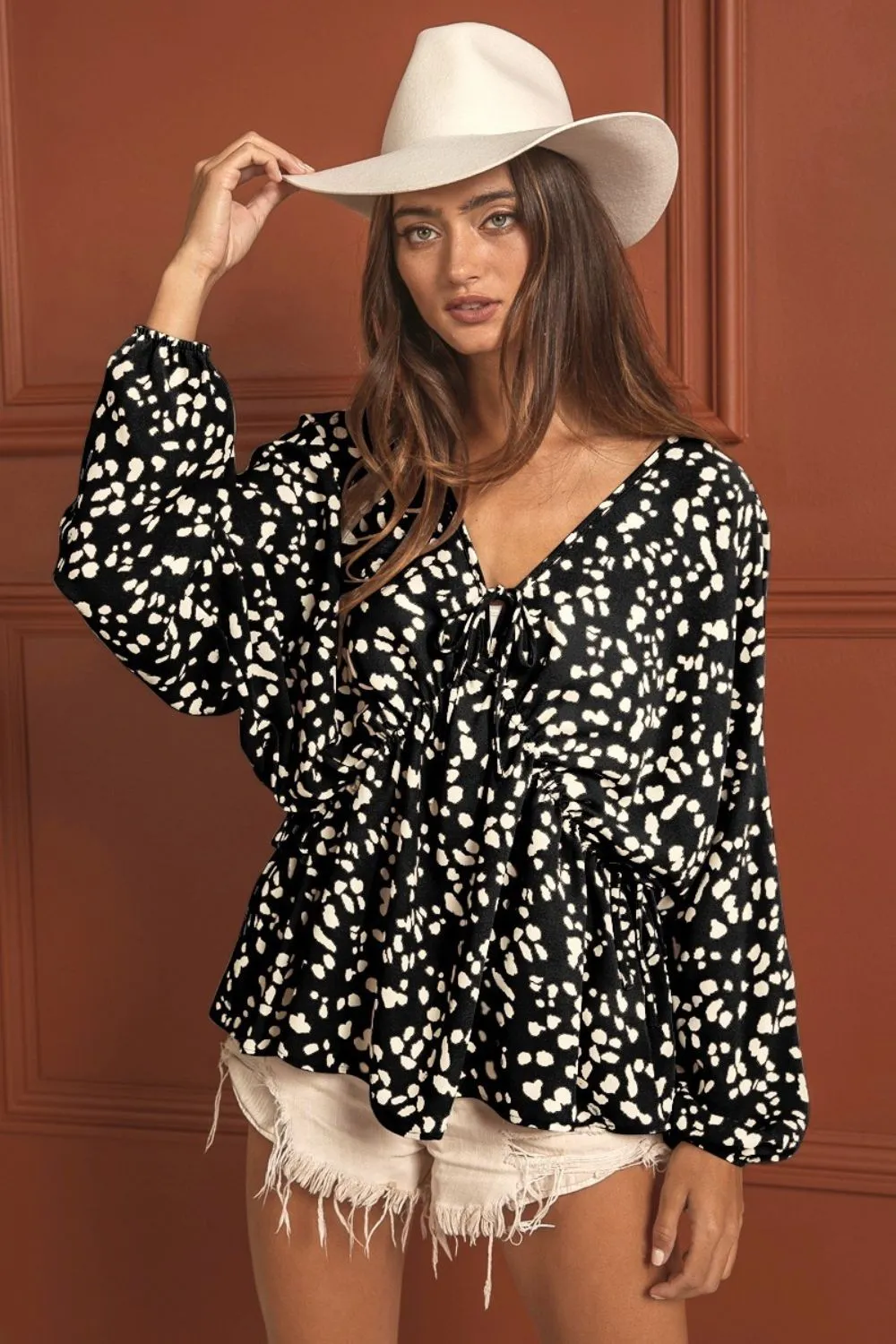 Leopard Woven Tied Spaghetti V Neck Lslv Top