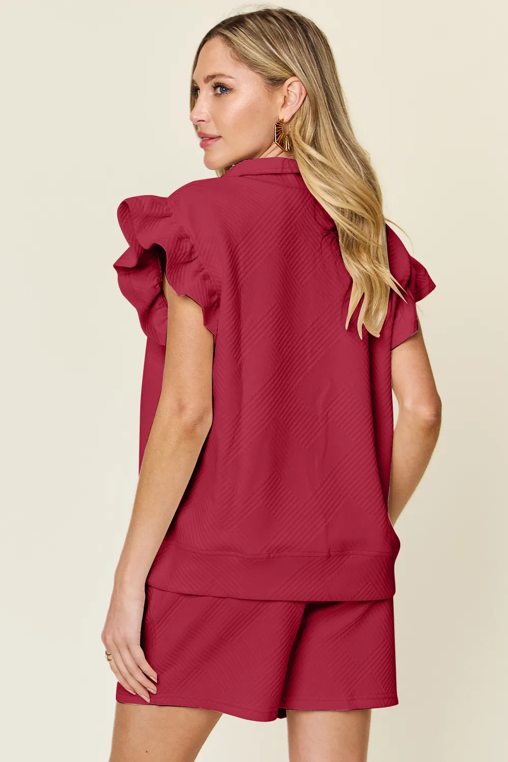 Full Size Texture Flounce Sleeve Top and Drawstring Shorts Set, image 28
