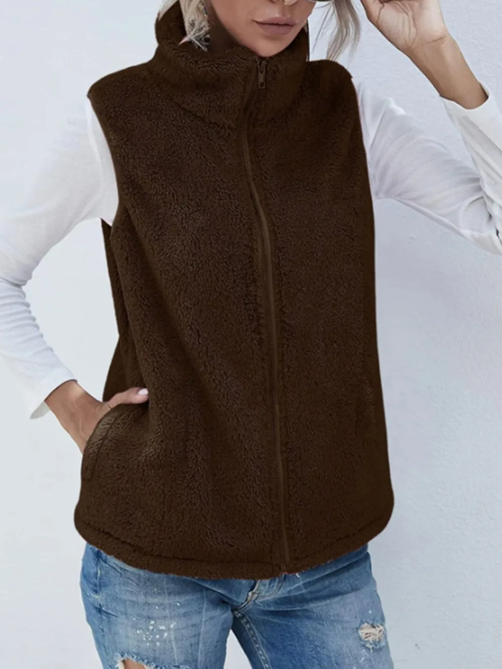 Full Size Fuzzy Zip Up Vest Coat with Pockets, image 7