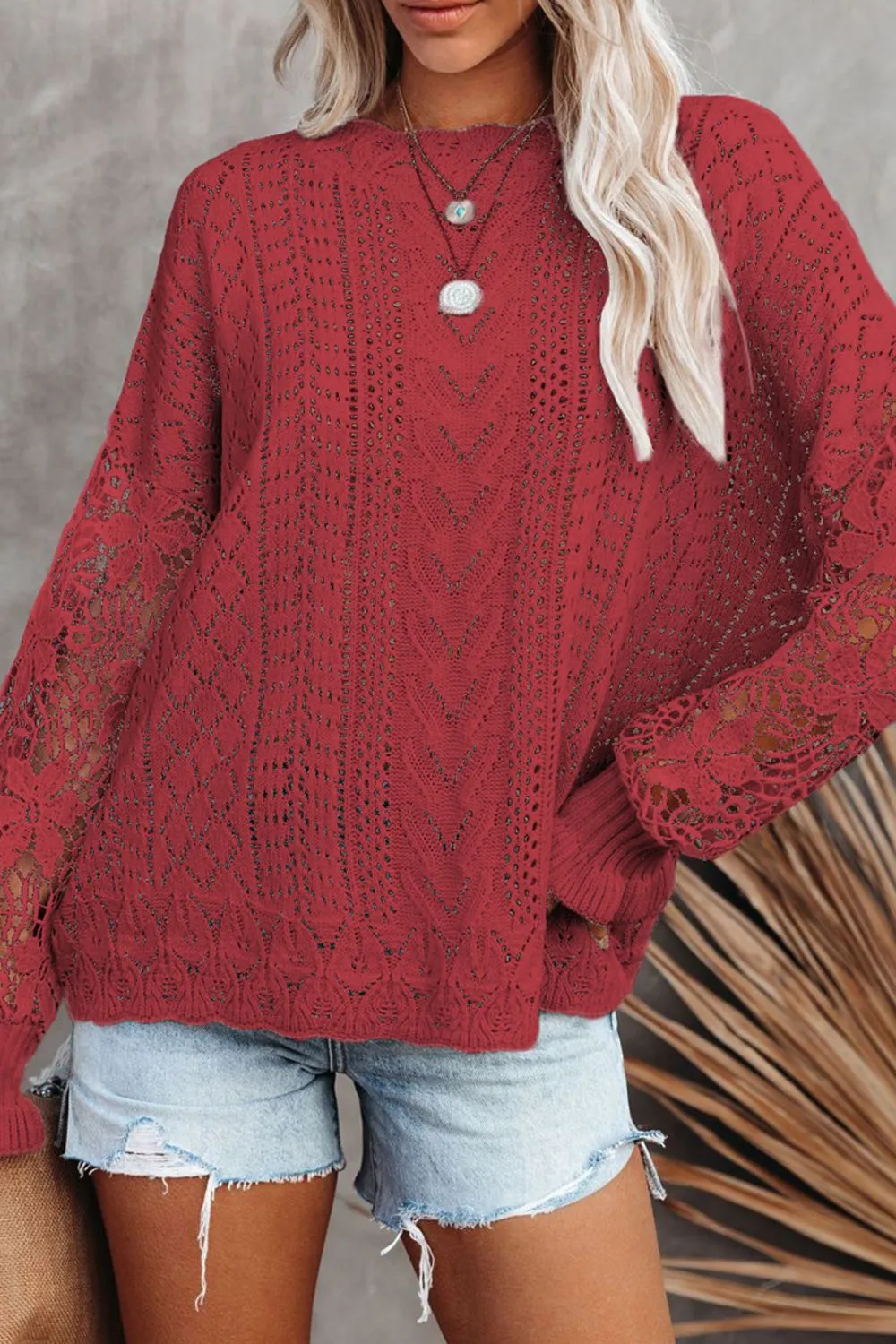 Openwork Round Neck Long Sleeve Sweater, image 16