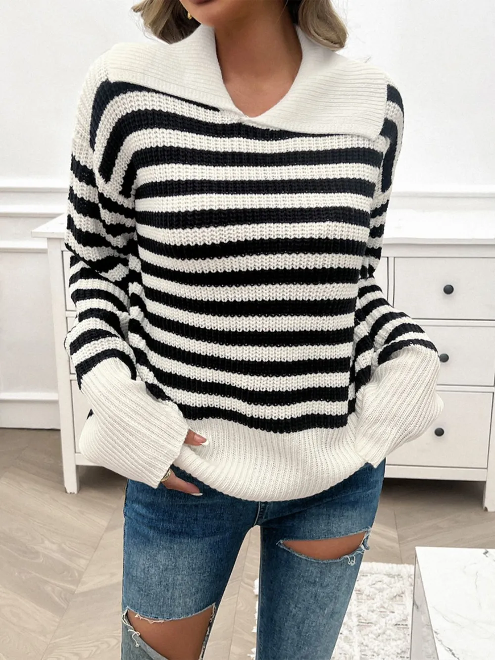 Striped Collared Neck Long Sleeve Sweater, image 13