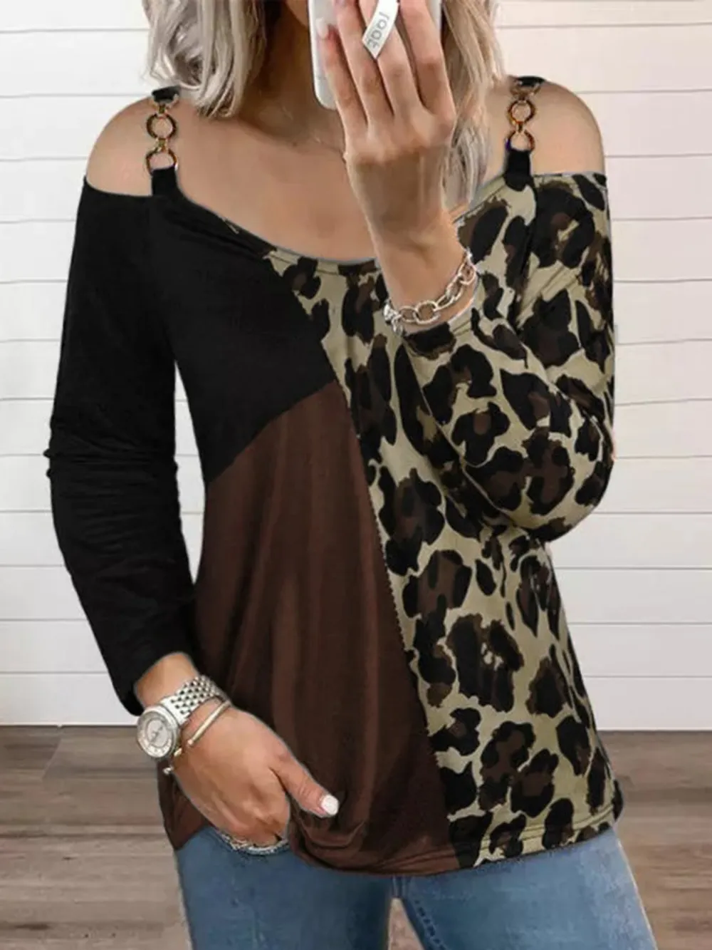 Full Size Leopard Cold Shoulder Long Sleeve T-Shirt, image 5