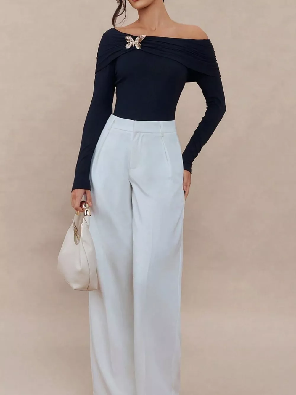 Elegant Off-Shoulder Long Sleeve Top with Butterfly Detail, image 5