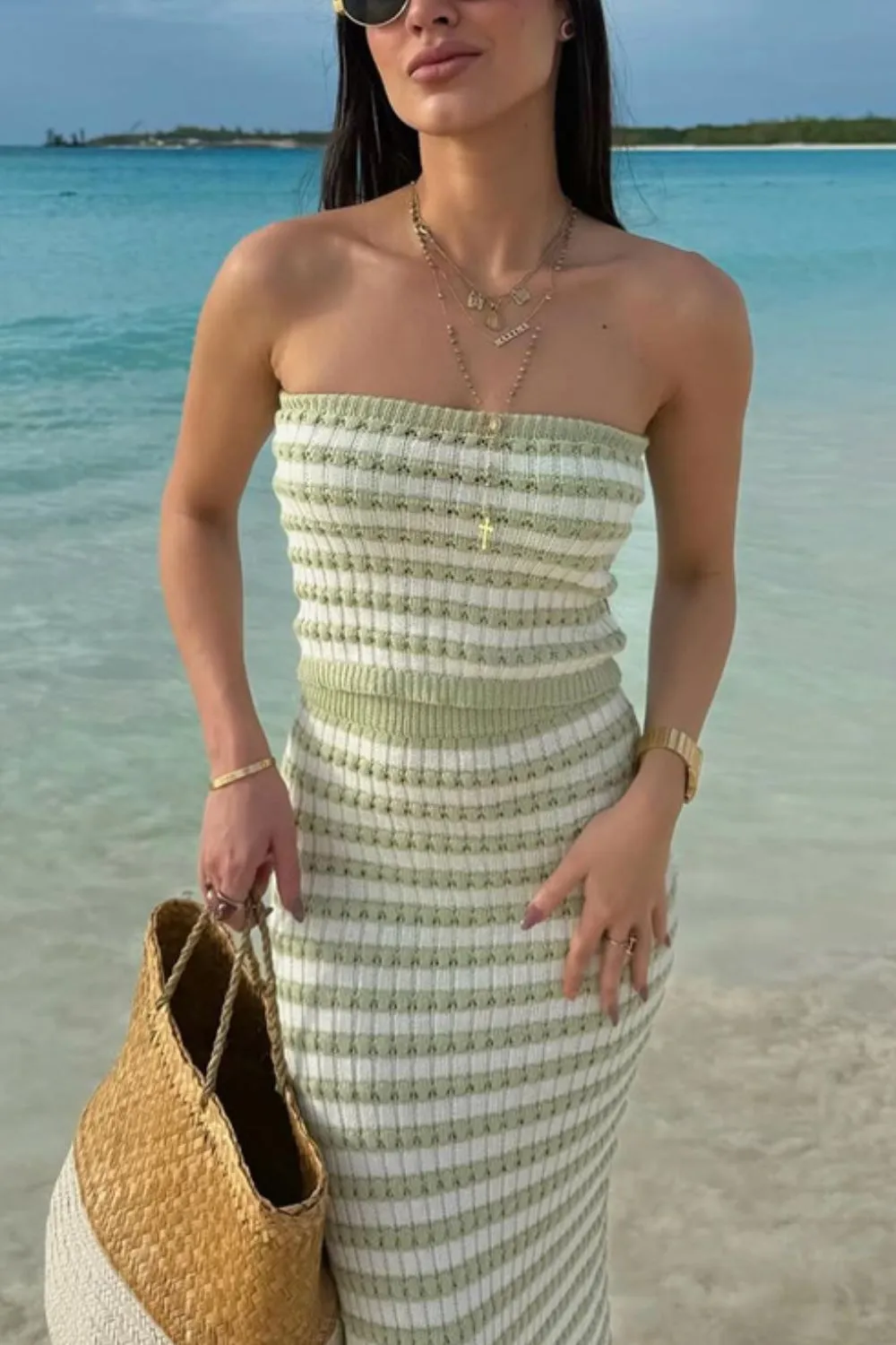 Contrast Striped Tube Top and Skirt Sweater Set, image 4