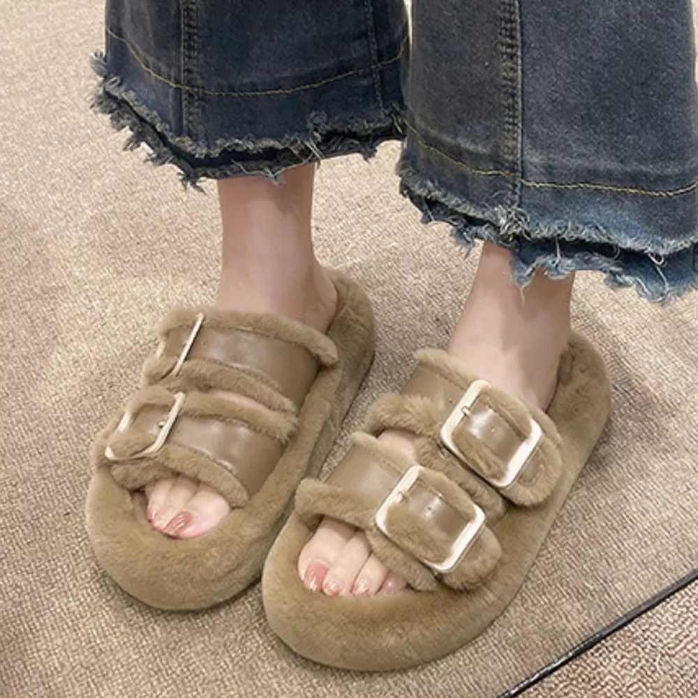 Fuzzy Buckle Detail Slippers, image 8