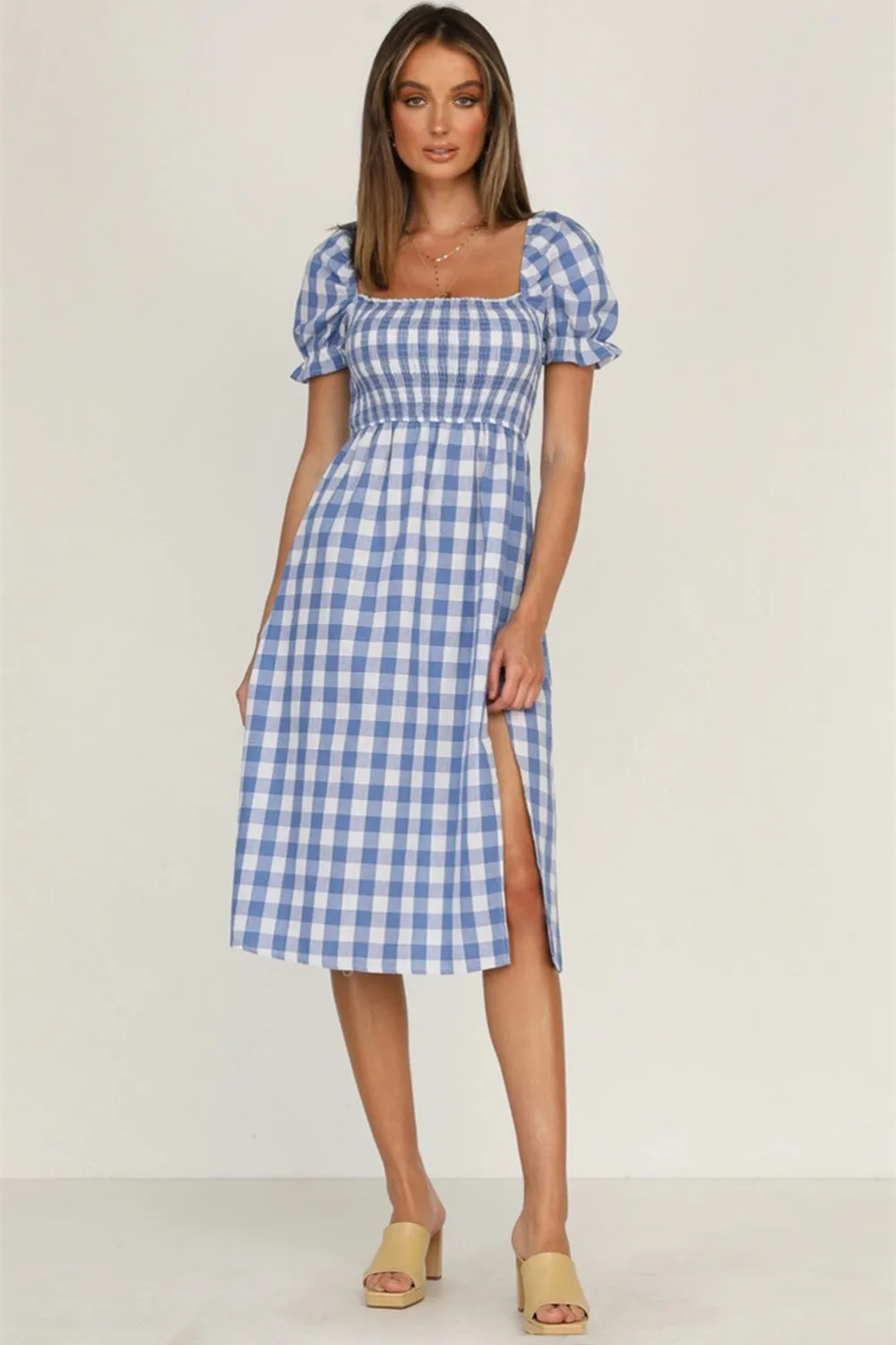 Full Size Slit Plaid Short Sleeve Midi Dress, image 13