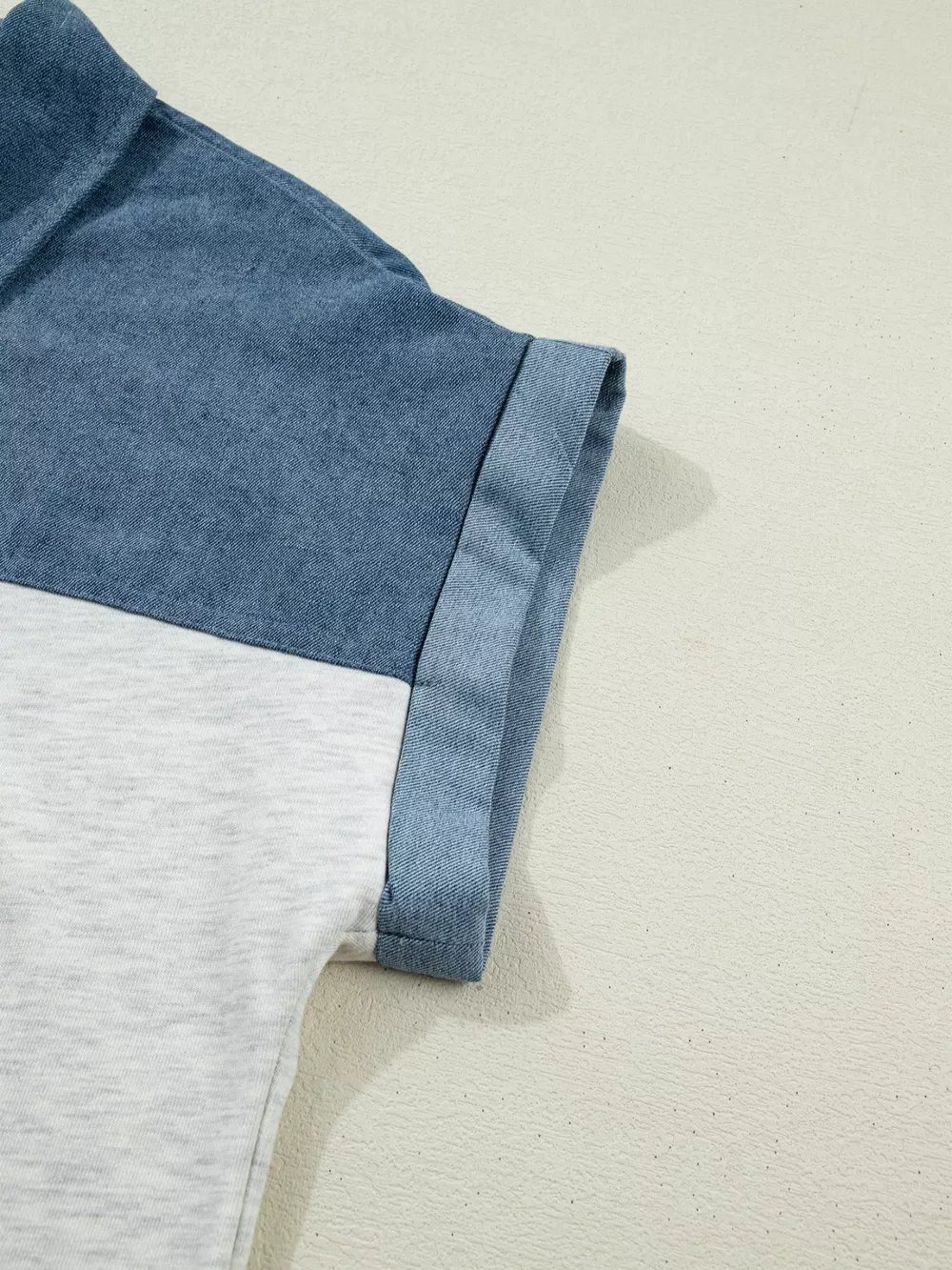 Color Block Denim Patchwork Button Polo Collar Short Sleeve Top, image 7
