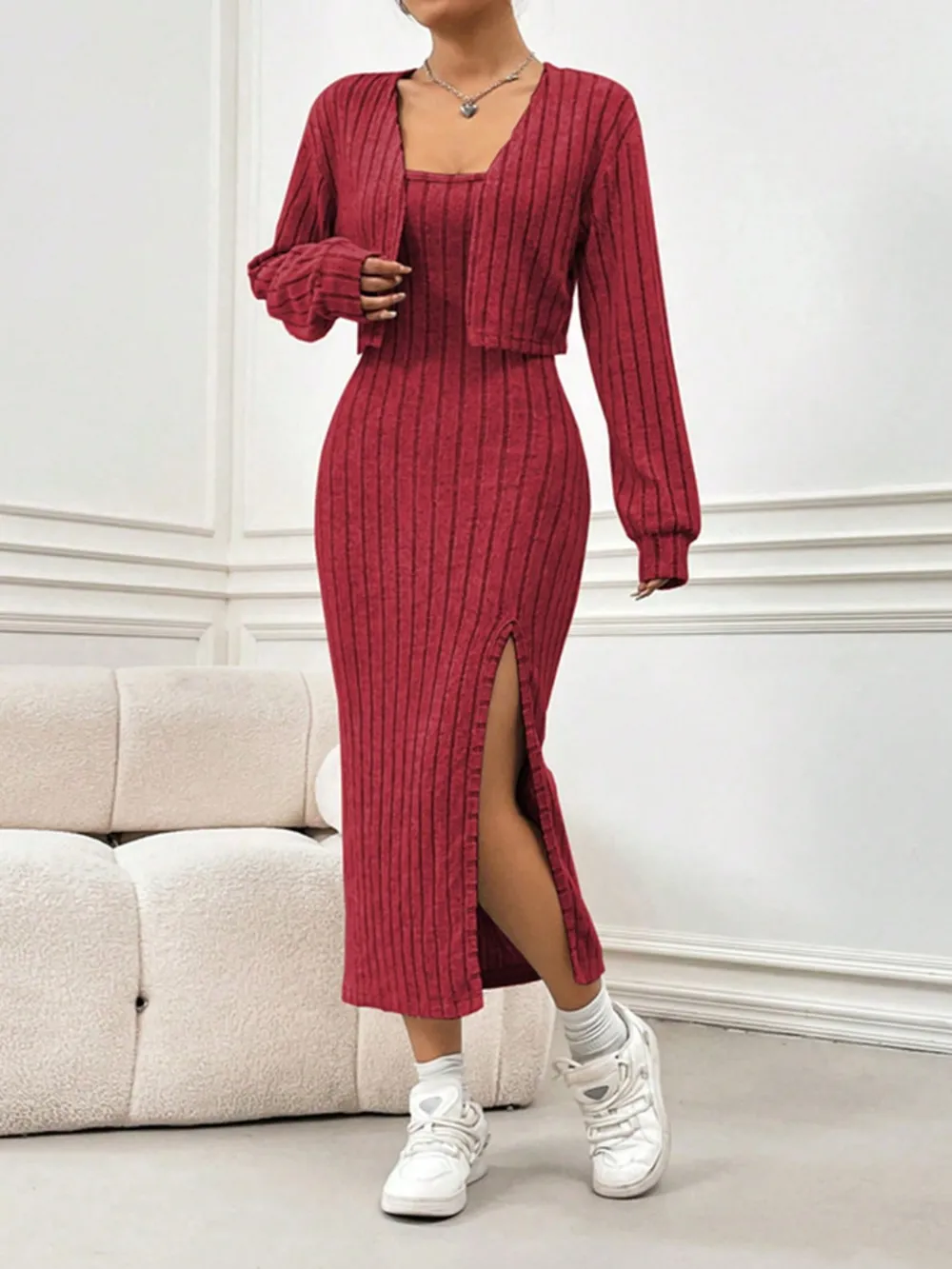 Ribbed Long Sleeve Cropped Cardigan and Slit Cami Dress Set, image 4