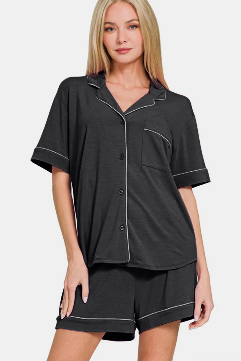 Button Down Short Sleeve Top and Shorts Lounge Set, image 3