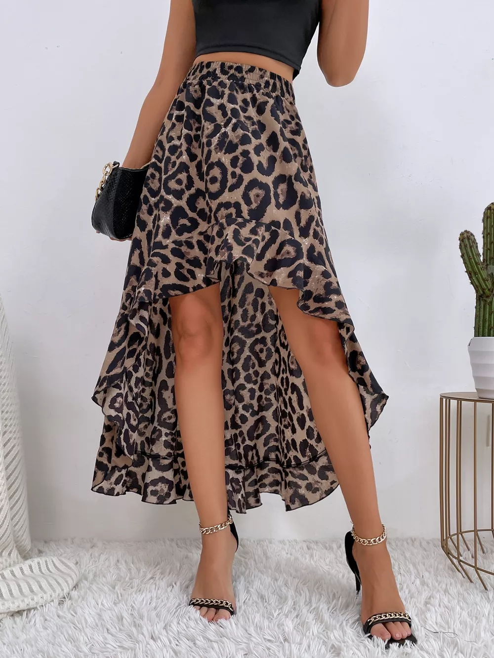 Leopard Print Ruffle Hem High-Low Skirt, image 5