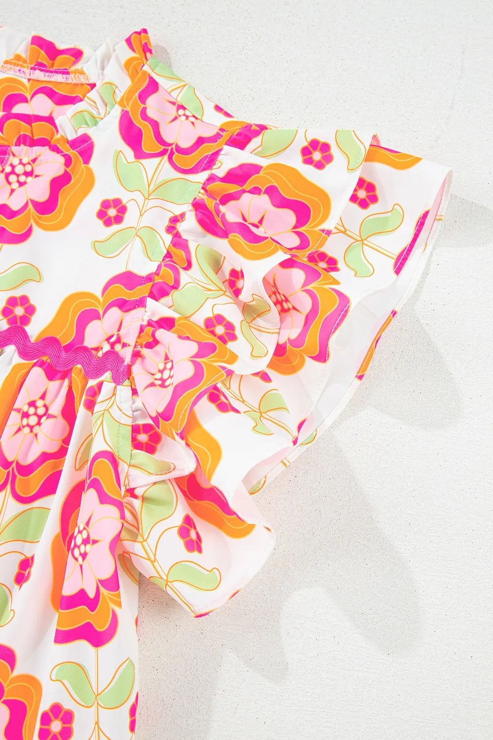 Floral Ruffled Sleeve Ric-Rac Trim Split Neck Loose Blouse, image 10